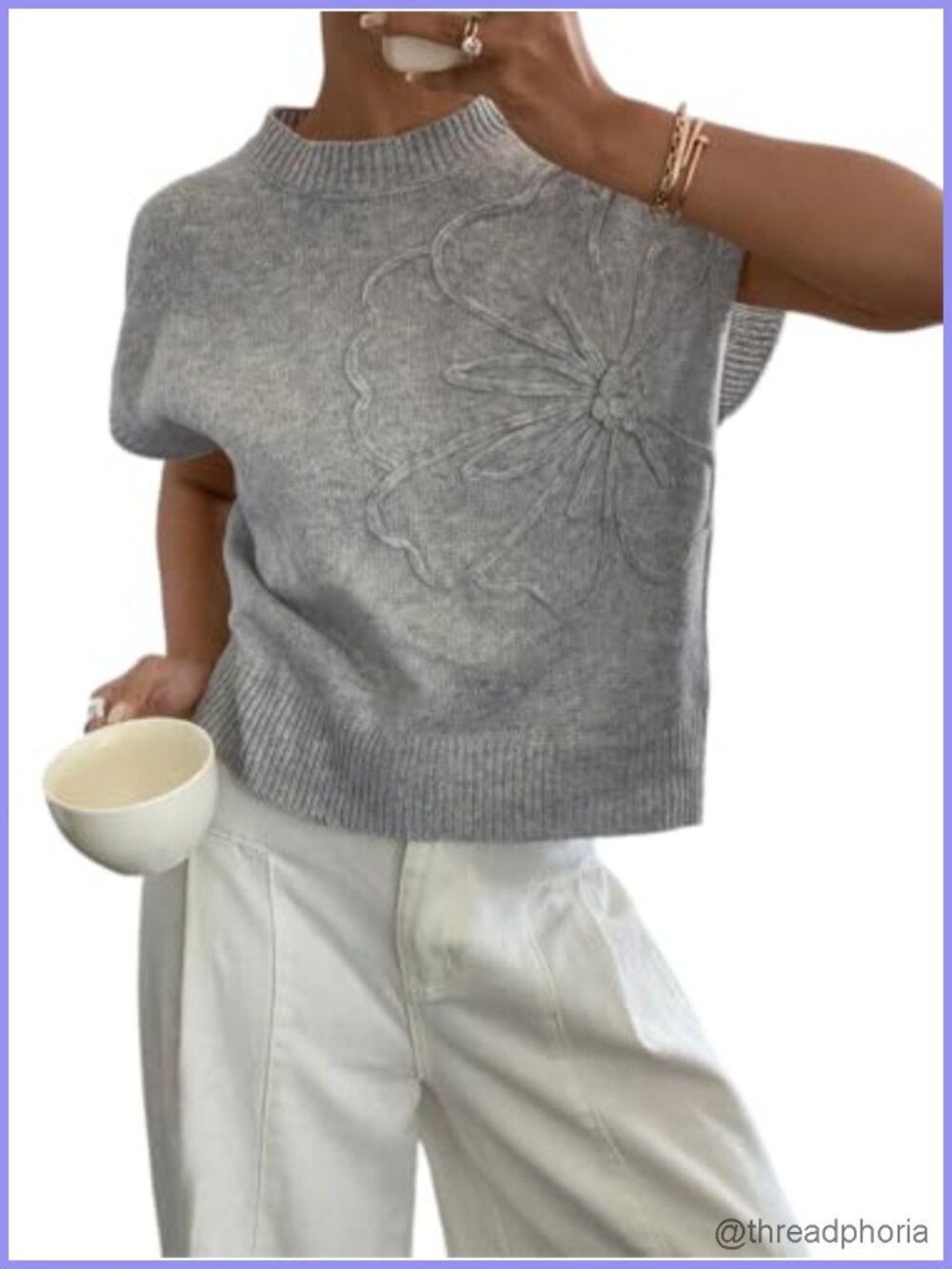 Cap Sleeve Crop Sweater Vest Floral Crew Neck Lightweight Knit Pullover